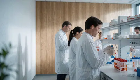 Professionals in a modern clinical laboratory handling test tubes and analysis equipment with natural light and wooden walls