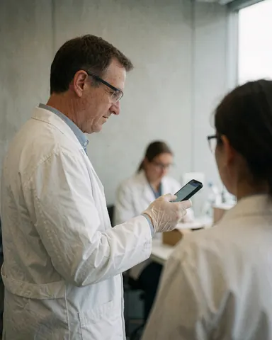 A scientist in a modern lab reviews test results on a phone while wearing gloves and safety glasses, with colleagues in the background.