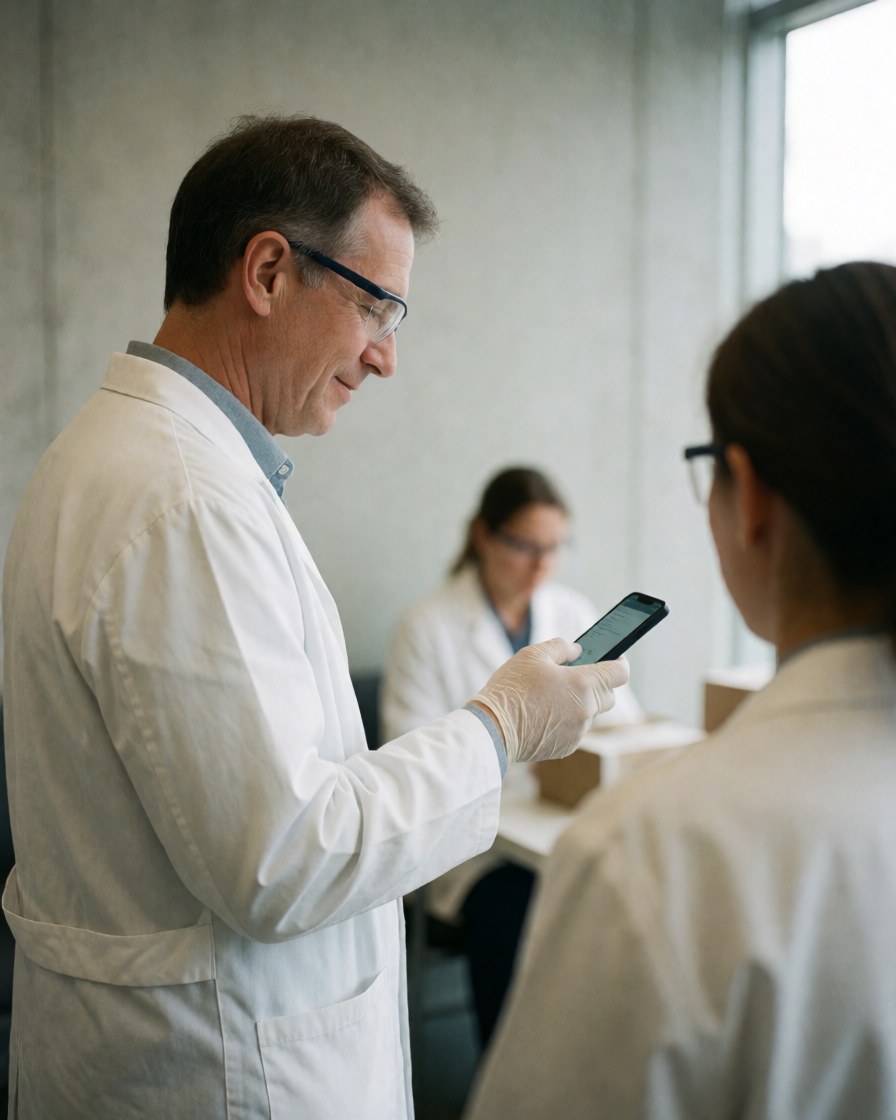 A scientist in a modern lab reviews test results on a phone while wearing gloves and safety glasses, with colleagues in the background.