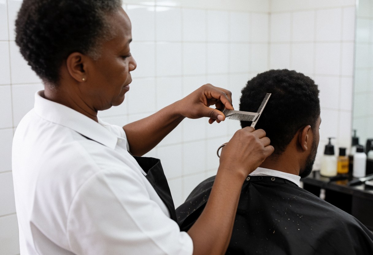 A barber uses scissors and a comb to cut a client's hair in a shop with white tiled walls and hair care products in the background.