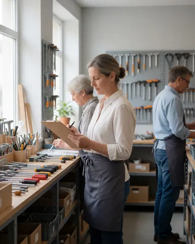 A woman stands in a hardware store holding a clipboard and pen, with organized tools on shelves and natural light from windows.