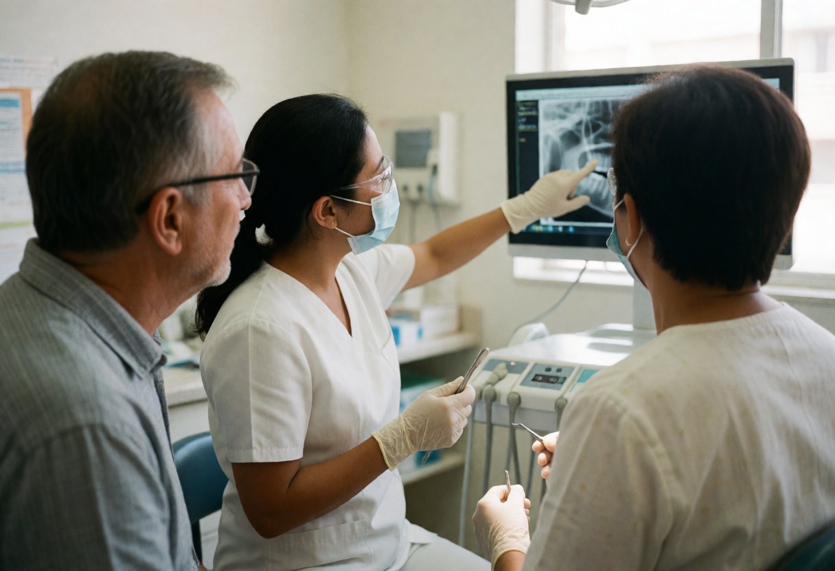 A dentist wearing protective gear explains dental x-rays on a monitor to a patient in a dental clinic.