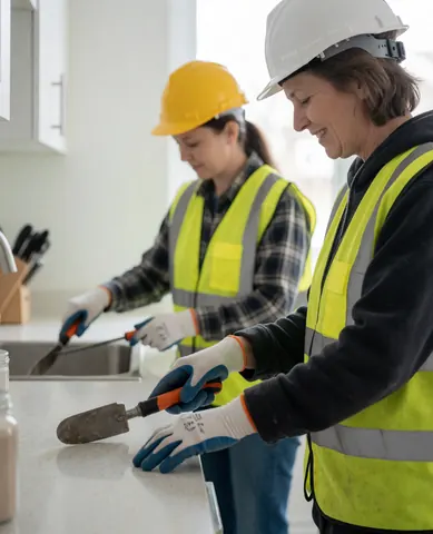 Two female construction workers wearing yellow safety vests and hard hats smile while installing a new kitchen countertop, one holding a shovel and the other a tool.