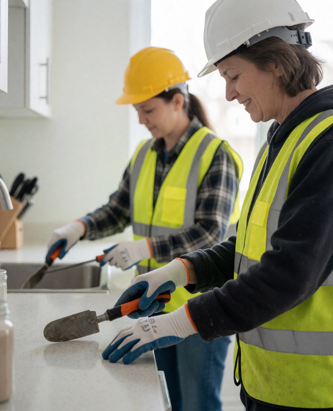 Two female construction workers wearing yellow safety vests and hard hats smile while installing a new kitchen countertop, one holding a shovel and the other a tool.