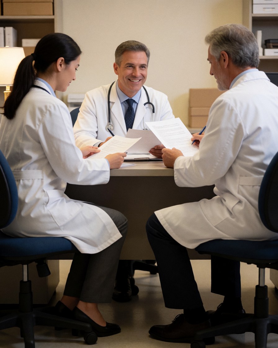 Three doctors sit at a desk in a clinic reviewing documents. One smiles, one writes, and the third examines papers while wearing stethoscopes.
