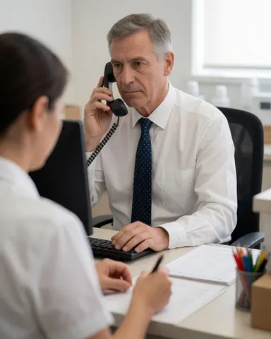 Medical receptionist speaking on the phone while a colleague writes notes at a desk with a computer, pen, and paper in a bright clinic office.