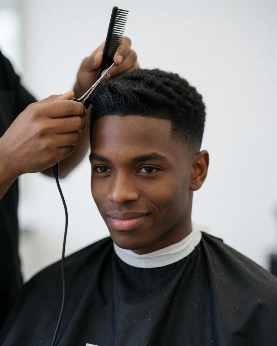 A barber uses scissors and a comb to cut the hair of a smiling young client in a modern barbershop with bright lighting and a white background.