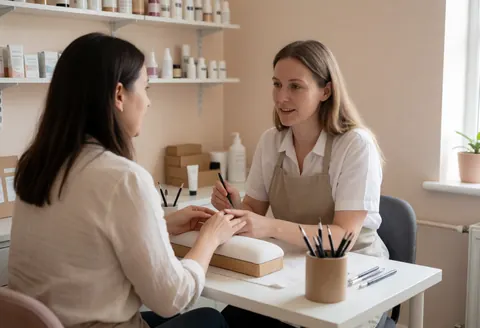 Nail artist in apron explaining a design to a seated client at a manicure table with products on shelves and natural light.
