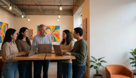Five people working on laptops in a modern coworking space with vibrant wall art and industrial pendant lights
