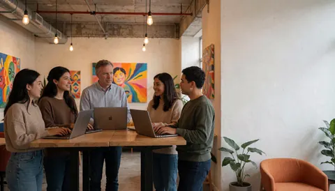 Five people working on laptops in a modern coworking space with vibrant wall art and industrial pendant lights