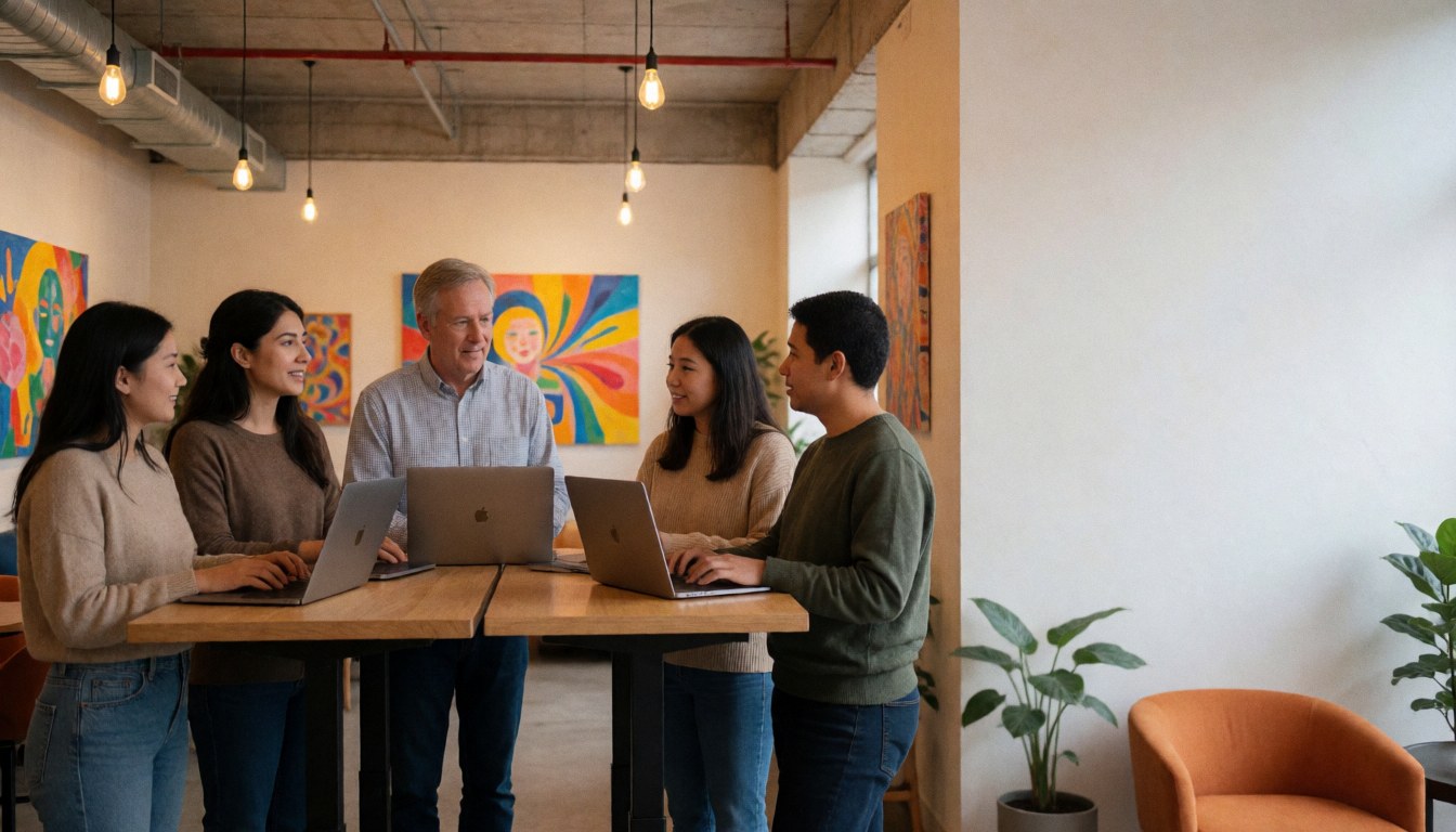 Five people working on laptops in a modern coworking space with vibrant wall art and industrial pendant lights