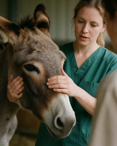 A donkey standing inside a clean rural stable with wooden walls and natural lighting, suitable for veterinary care contexts