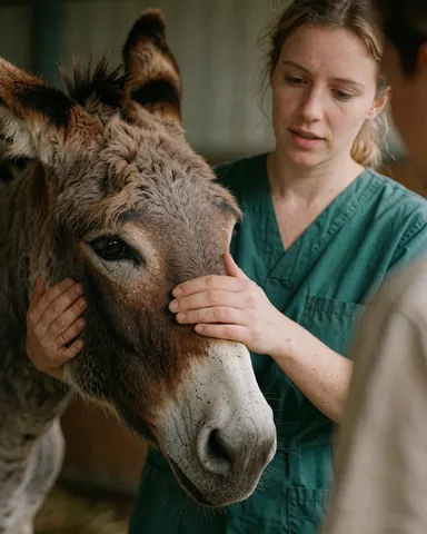 A donkey standing inside a clean rural stable with wooden walls and natural lighting, suitable for veterinary care contexts