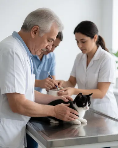 A veterinarian examines a black and white cat on a metal exam table in a modern veterinary clinic with an assistant in the background.