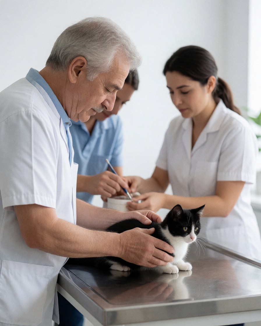 A veterinarian examines a black and white cat on a metal exam table in a modern veterinary clinic with an assistant in the background.