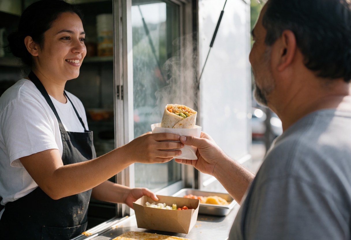 A friendly food truck vendor hands a steaming hot burrito to a customer during daytime service