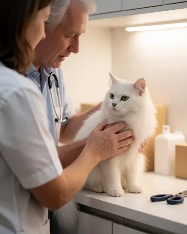 A veterinarian and assistant examine a fluffy white cat on a clean, well-lit examination table in a professional veterinary clinic.