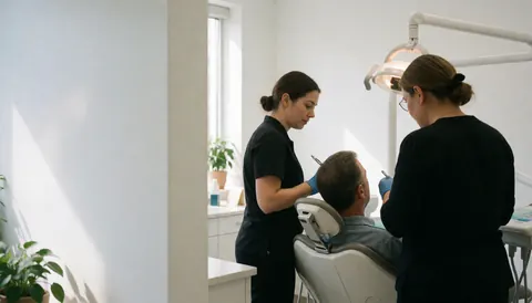 A female dentist and dental hygienist attend to a seated patient in a bright, white-walled dental clinic with natural light.