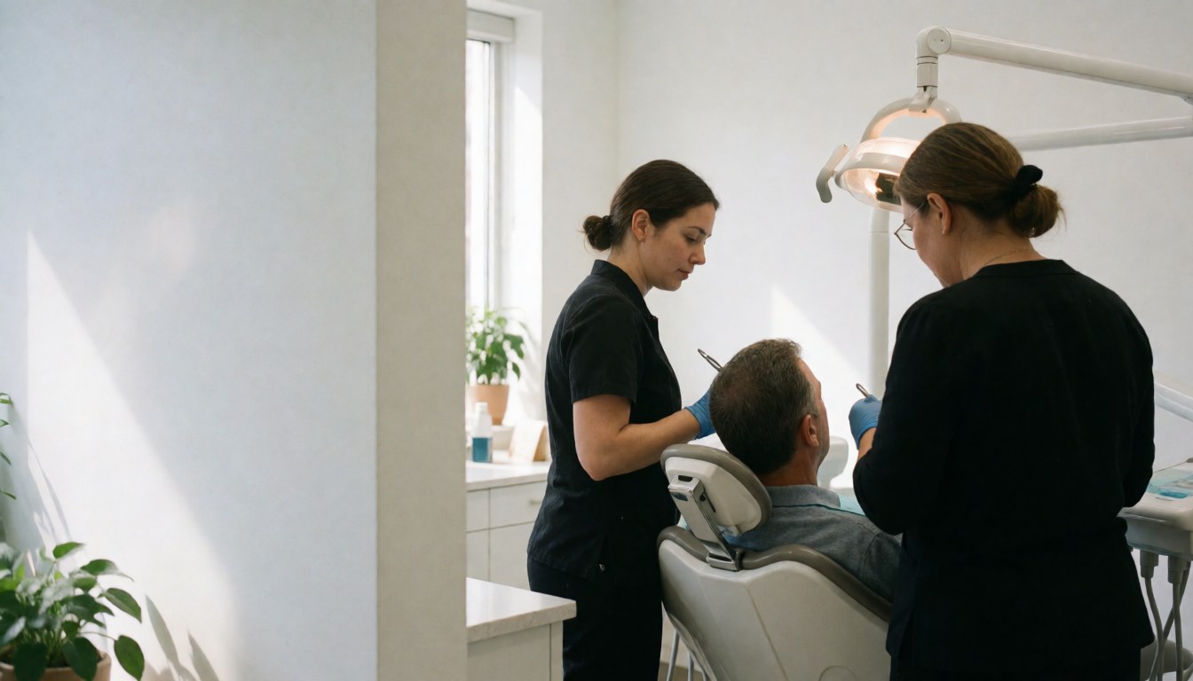 A female dentist and dental hygienist attend to a seated patient in a bright, white-walled dental clinic with natural light.