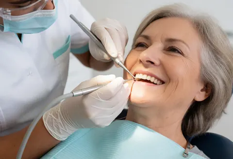 Dental hygienist wearing mask and gloves cleaning teeth of smiling older patient in dental chair