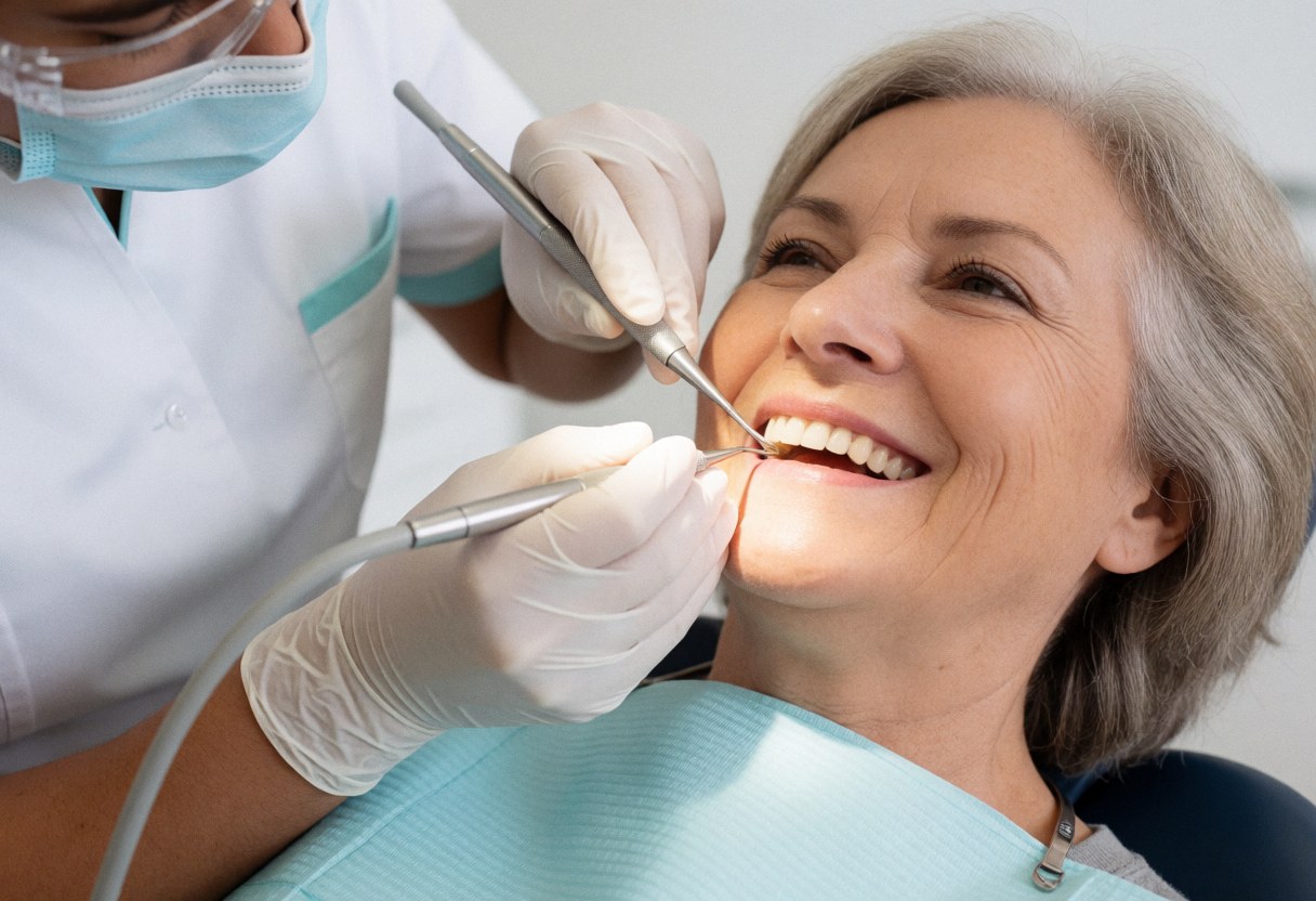 Dental hygienist wearing mask and gloves cleaning teeth of smiling older patient in dental chair