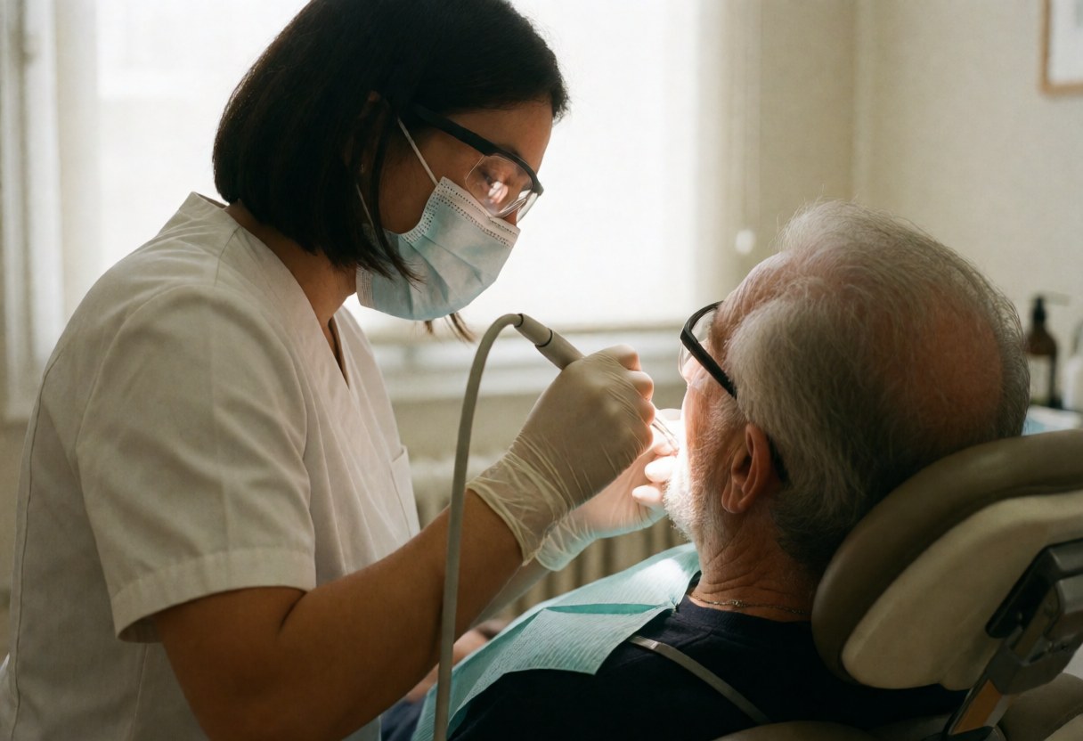 A masked dentist wearing glasses performs oral hygiene on a senior patient in a calm dental clinic with soft lighting.