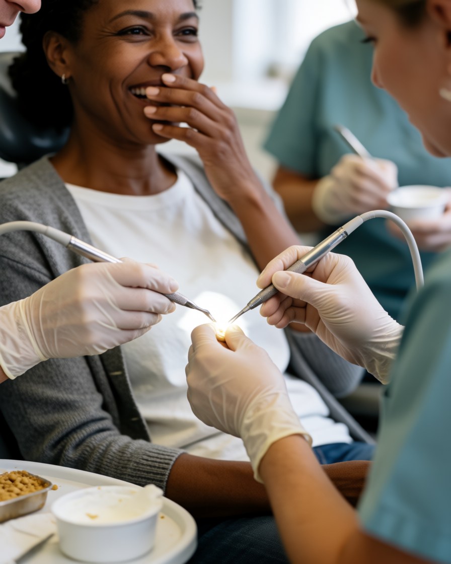 A smiling patient covers her mouth while a dentist performs a procedure with instruments and a light camera in a clean clinic.