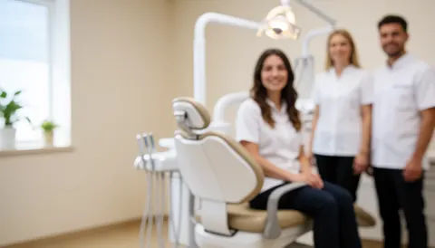 Soft focus background of a dental clinic interior featuring a dental chair and equipment, ideal for overlaying text