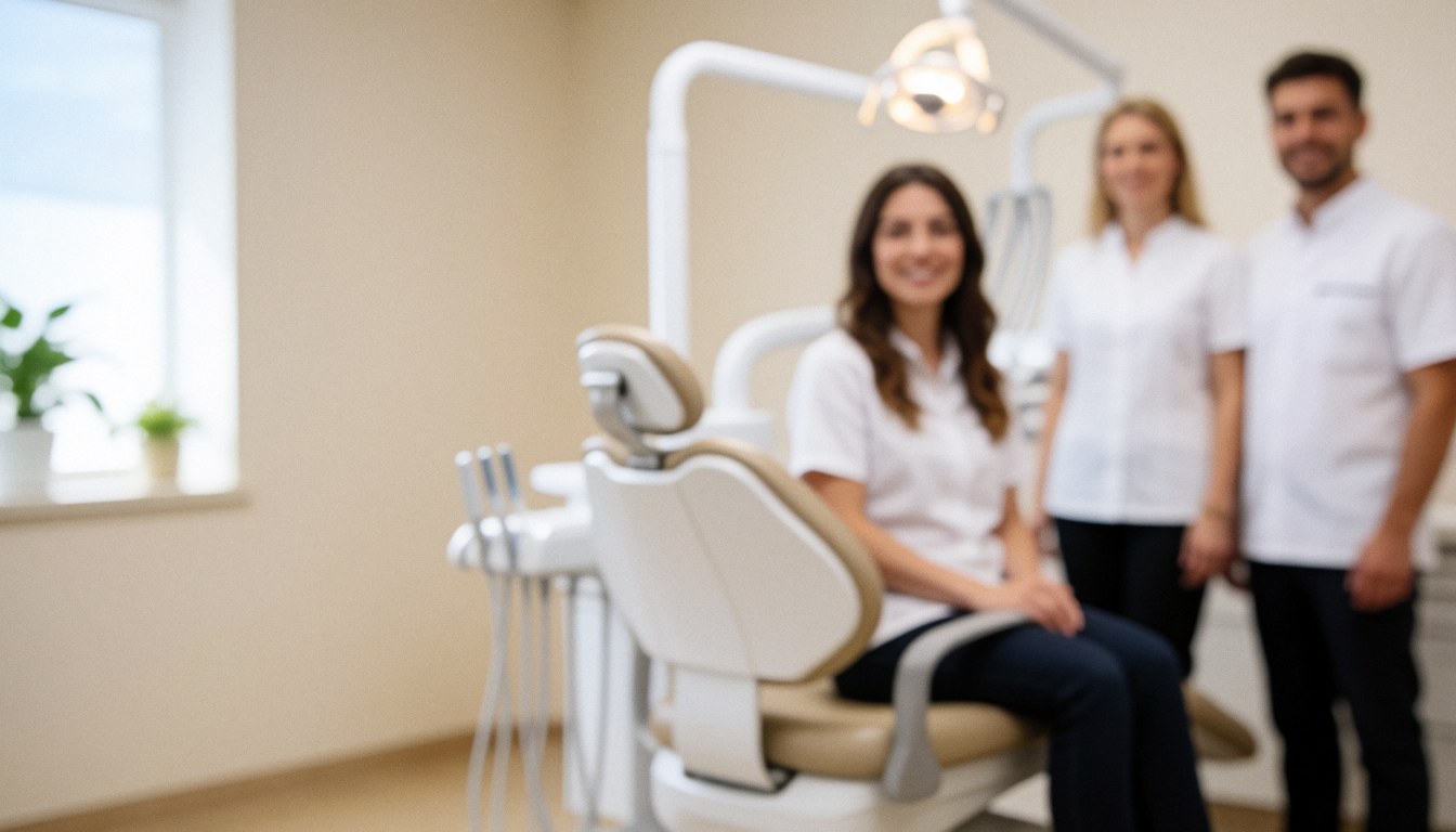 Soft focus background of a dental clinic interior featuring a dental chair and equipment, ideal for overlaying text
