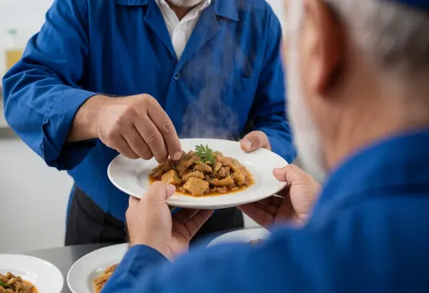 Close-up of hands carefully plating a hot meal on a white plate, with steam rising, showcasing professional catering service in action.
