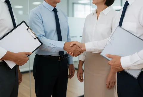 Professional lawyer and client shaking hands in a modern office with folders and formal attire, creating a clean and serious business atmosphere.