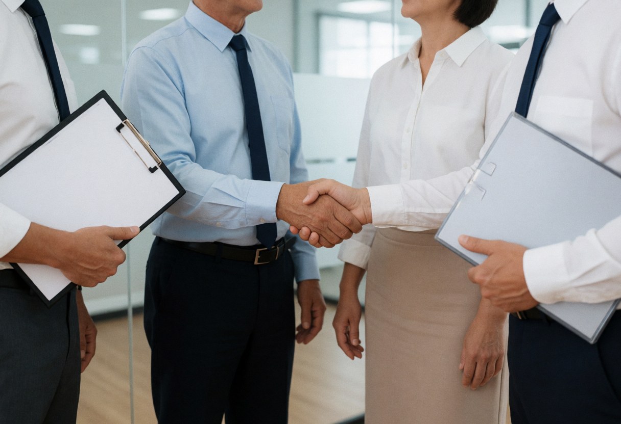 Professional lawyer and client shaking hands in a modern office with folders and formal attire, creating a clean and serious business atmosphere.