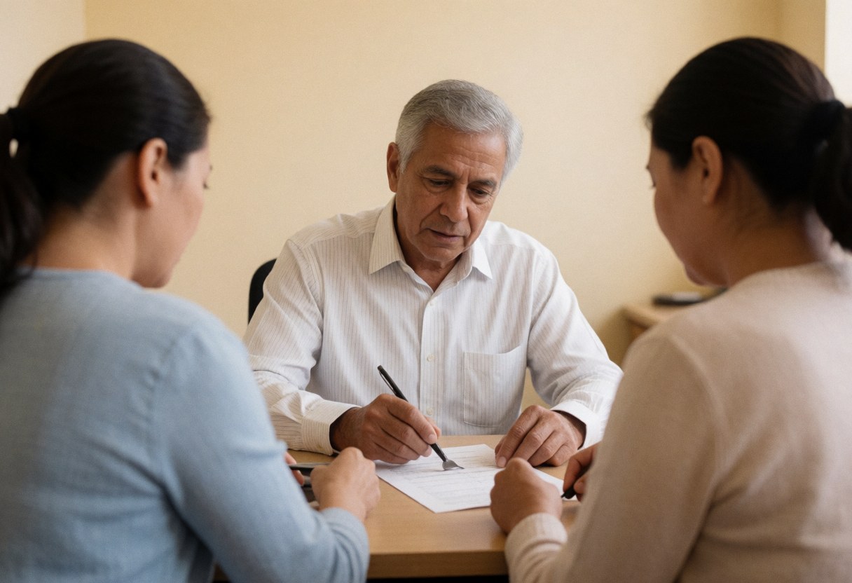 A business professional sits at a desk explaining the details of a financial document to a customer in an office setting