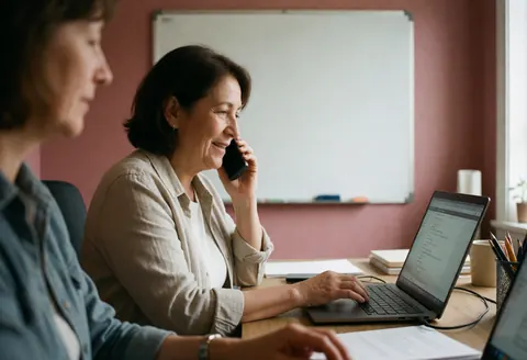 Service agent taking a phone call and typing on a laptop in an office with a pink wall and natural light