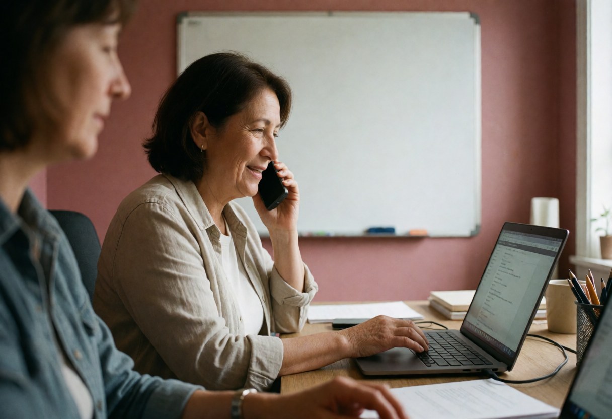 Service agent taking a phone call and typing on a laptop in an office with a pink wall and natural light