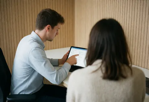Business agent in a modern office explains information on a tablet to a client standing behind, featuring light wood walls and natural lighting.
