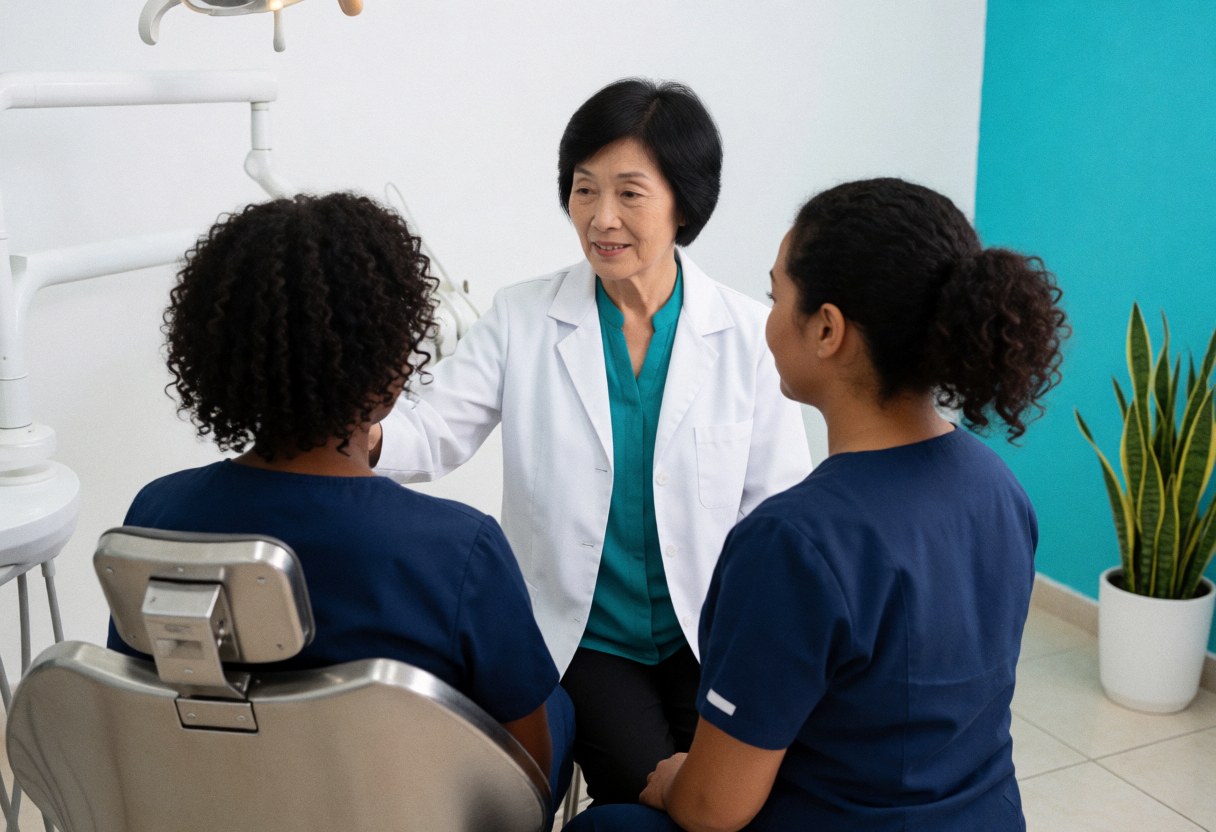 A dentist in a white coat helps a patient in a dental chair, with an assistant present, against a turquoise wall in a clean professional setting.