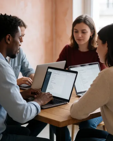 Three people collaborating on laptops in an office with terracotta walls, focusing on planning and developing projects together.