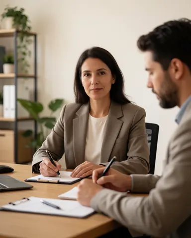 A female manager and a client sign papers at a modern office desk with plants and shelves in the background.