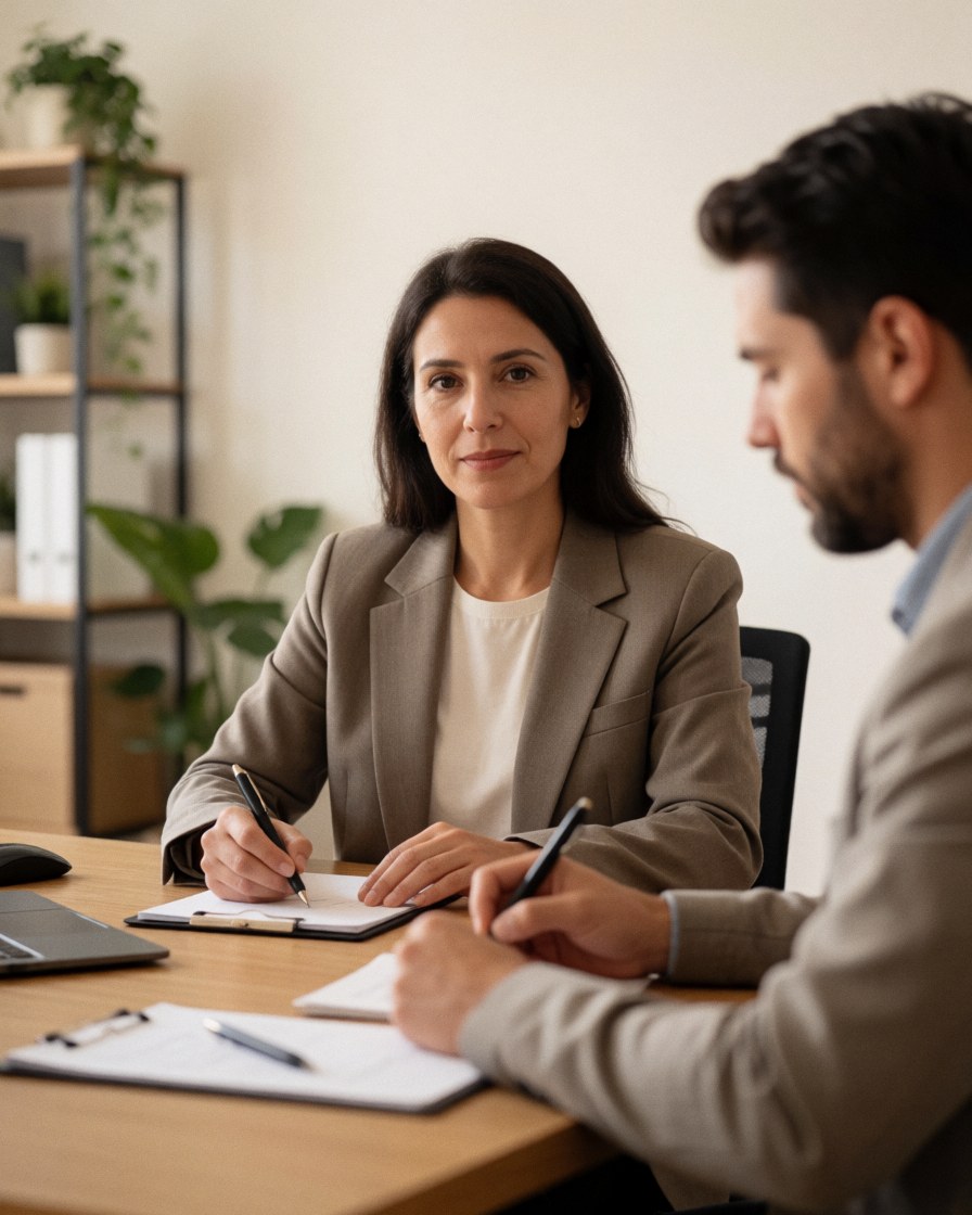 A female manager and a client sign papers at a modern office desk with plants and shelves in the background.
