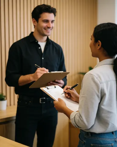 Two smiling employees standing at a reception desk, holding clipboards and signing papers while conversing in a professional office setting.