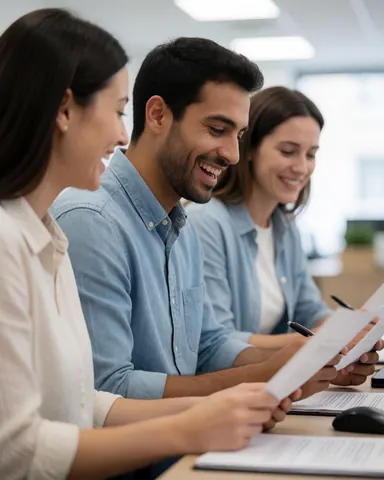 Three customer service agents in a modern office reviewing documents and smiling while working together with bright light and a computer on the desk.