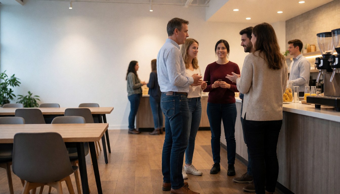 A group of professionals conversing and networking in a bright, modern coworking office with wooden tables and warm lighting