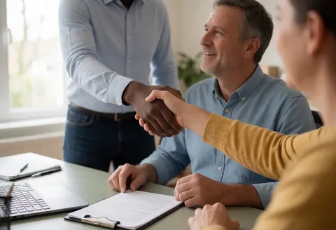 A consultant and client sign a document at a desk with a laptop and pen in a bright, professional office setting.