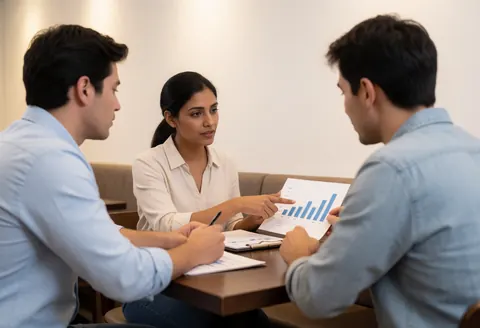 A consultant explains a chart to two clients seated at a coffee table, all focused on the data presentation.