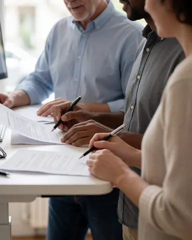 Three professionals signing papers at a well-lit desk with pens and documents in a professional office setting