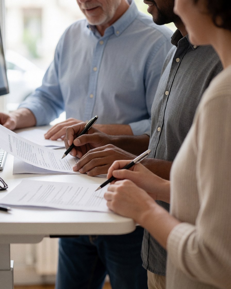 Three professionals signing papers at a well-lit desk with pens and documents in a professional office setting