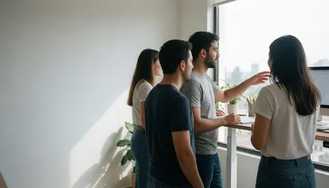 Three professionals discussing a project at a desk near a large window with natural light in a clean co-working space