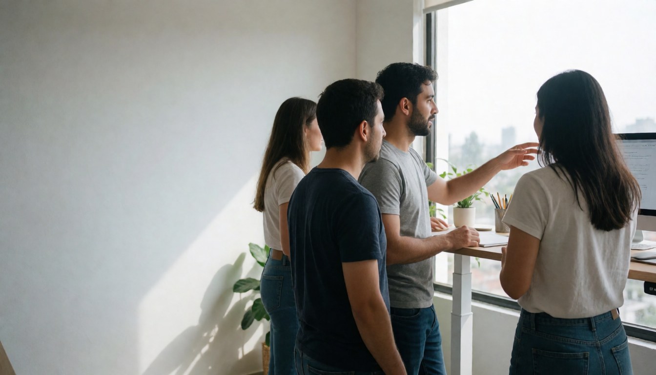 Three professionals discussing a project at a desk near a large window with natural light in a clean co-working space