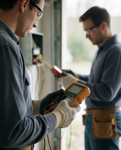 A young professional electrician wearing safety gear and gloves while using a multimeter to measure electrical connections in a garage setting.
